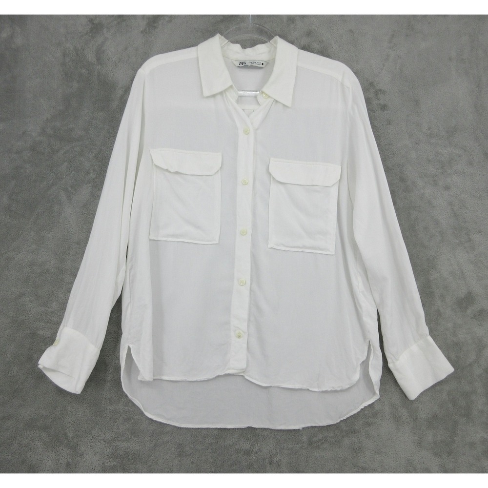 Zara Shirt Womens Size M White Button Front Minimalist Pockets Relaxed Boxy
